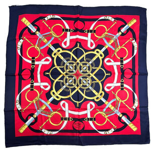 Hermès Eperon d'Or By Henri d'Origny Silk Scarf Blue Red Vintage w/ Box